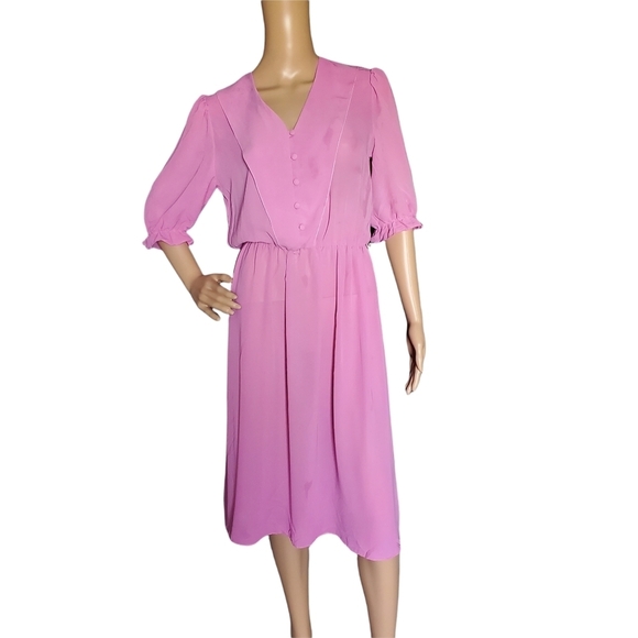 Vintage 80s Pink Semi Sheer Button Front Short Sleeve Bluson Day Dress - Picture 2 of 9